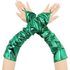 Women's Green Metallic Sparkle Shiny Finger Loop Gloves Fingerless Arm Length